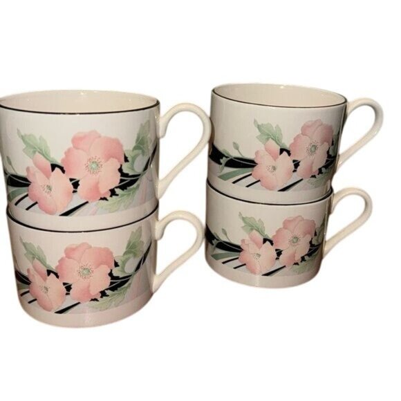 Sango Pink Floral Pattern Ceramic Coffee Mugs Set Of 4 2.5" Tall 3.5" Wide - Picture 1 of 6